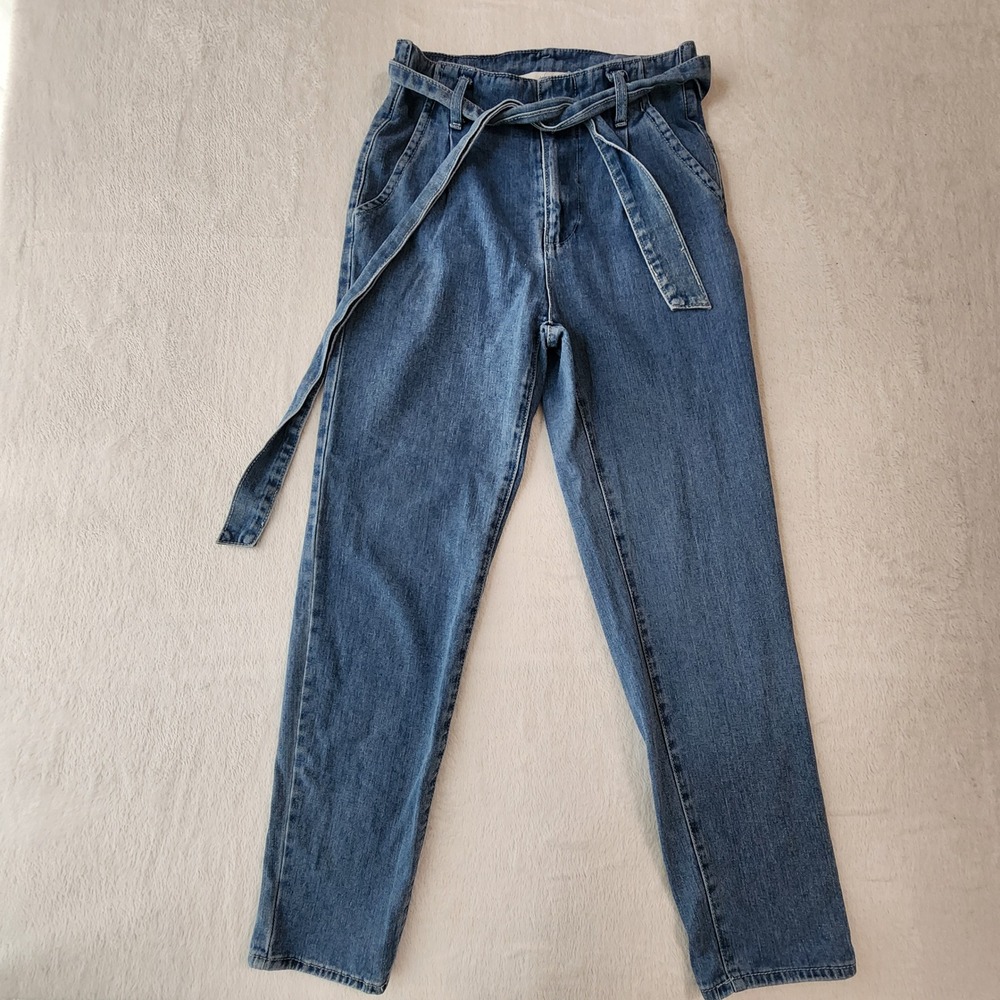 Paper Bag Waist Jeans Womens Small Blue Tie Belt Tapered High Rise Mom 27x27
